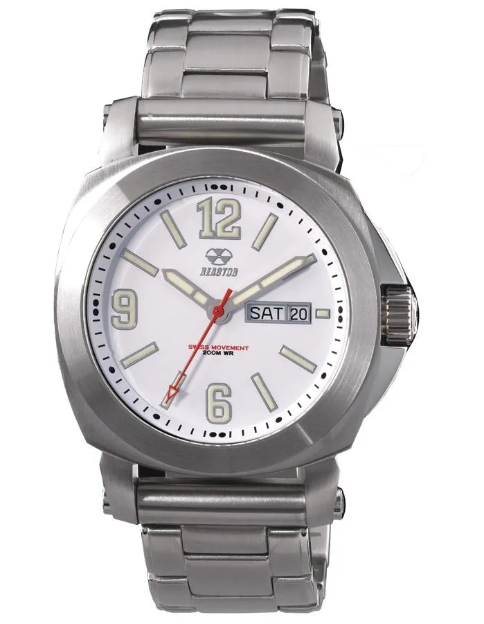 Reactor Fermi Mens Day/Date Watch - Matte White Dial - Stainless Steel Bracelet