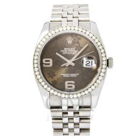 ROLEX DATEJUST 116234 36MM JUBILLE BRACELET WITH BLACK FLORAL DIAL AND DIAMOND BEZEL.