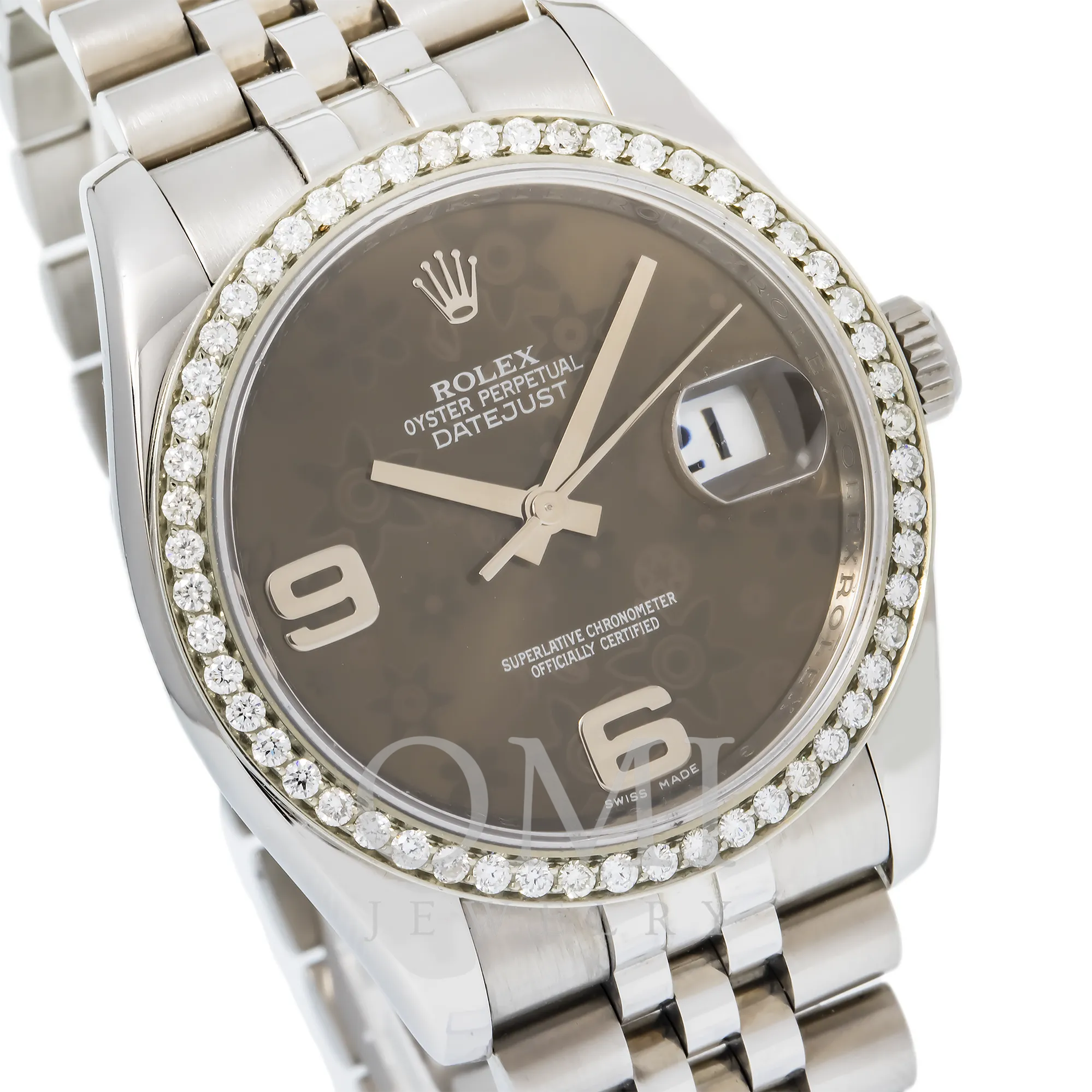 ROLEX DATEJUST 116234 36MM JUBILLE BRACELET WITH BLACK FLORAL DIAL AND DIAMOND BEZEL.