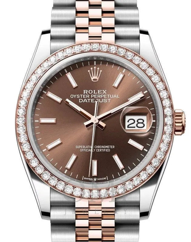 ROLEX DATEJUST 36 ROSE GOLD/STEEL CHOCOLATE INDEX DIAL & DIAMOND BEZEL 126281RBR WITH TWO TONE JUBILEE BRACELET