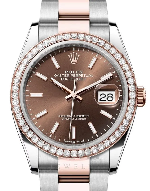 ROLEX DATEJUST 36 ROSE GOLD/STEEL CHOCOLATE INDEX DIAL & DIAMOND BEZEL 126281RBR WITH TWO TONE OYSTER BRACELET