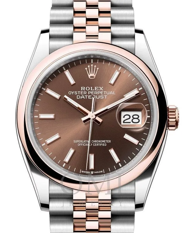 ROLEX DATEJUST 36 ROSE GOLD/STEEL CHOCOLATE INDEX DIAL &  DOMED BEZEL 126201 WITH TWO TONE JUBILEE BRACELET