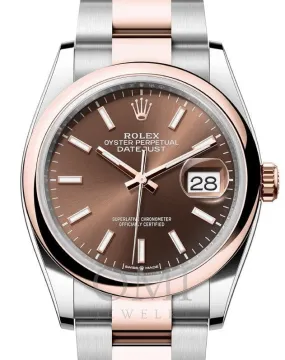 ROLEX DATEJUST 36 ROSE GOLD/STEEL CHOCOLATE INDEX DIAL & DOMED BEZEL 126201 WITH TWO TONE OYSTER BRACELET