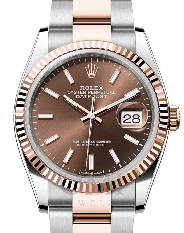 ROLEX DATEJUST 36 STEEL/ROSE GOLD CHOCOLATE INDEX DIAL & FLUTED BEZEL 126231 WITH TWO TONE ROSE GOLD/STAINLESS STEEL OYSTER BRACELET