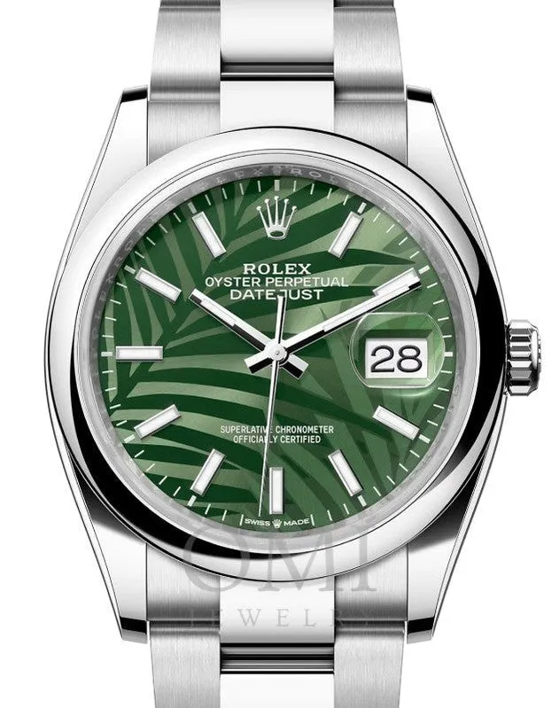 Rolex Datejust 36MM - Oystersteel Bracelet With Olive Green Palm Motive Dial And Domed Bezel