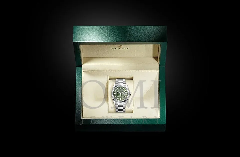 Rolex Datejust 36MM - Oystersteel Bracelet With Olive Green Palm Motive Dial And Domed Bezel