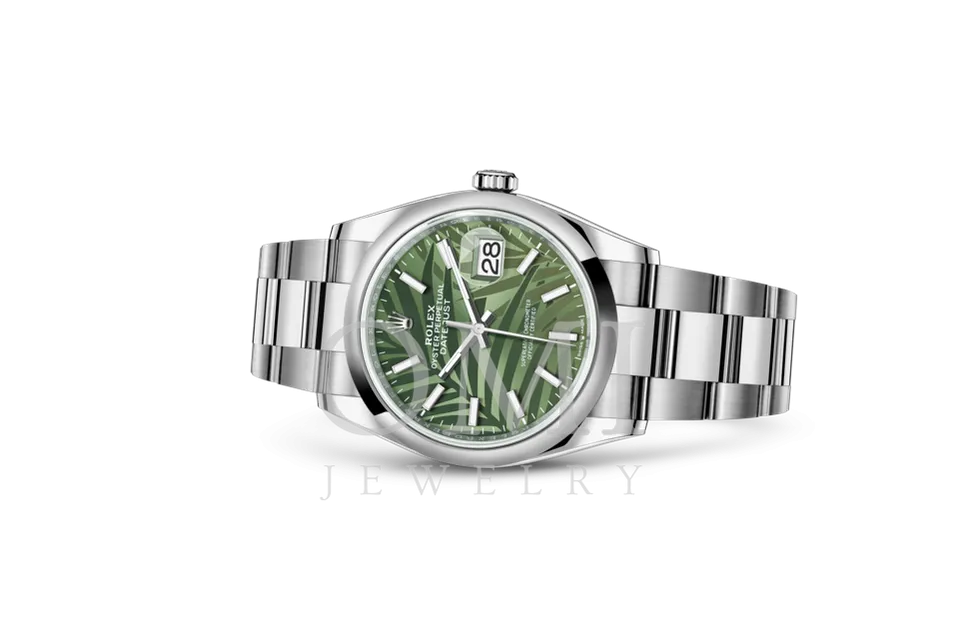 Rolex Datejust 36MM - Oystersteel Bracelet With Olive Green Palm Motive Dial And Domed Bezel