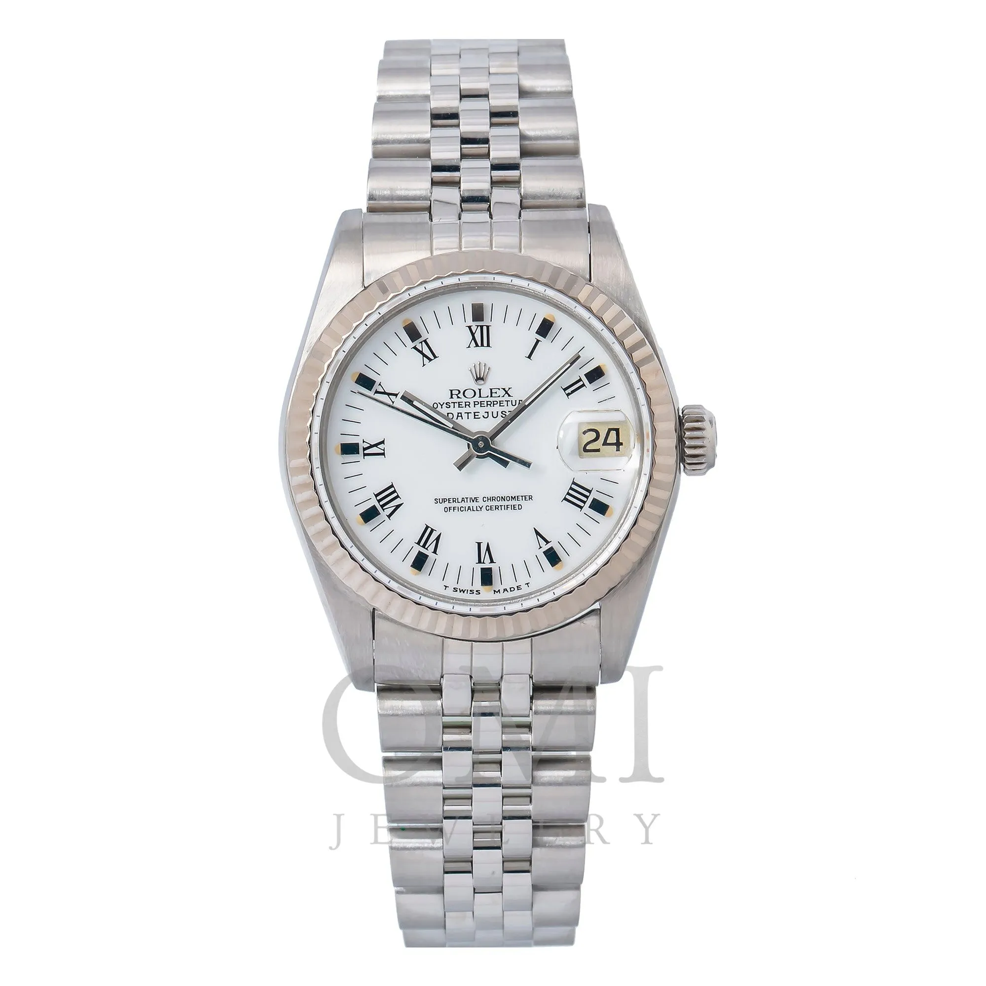 Rolex Datejust 68274 31MM White Roman Dial With White Gold Fluted Bezel