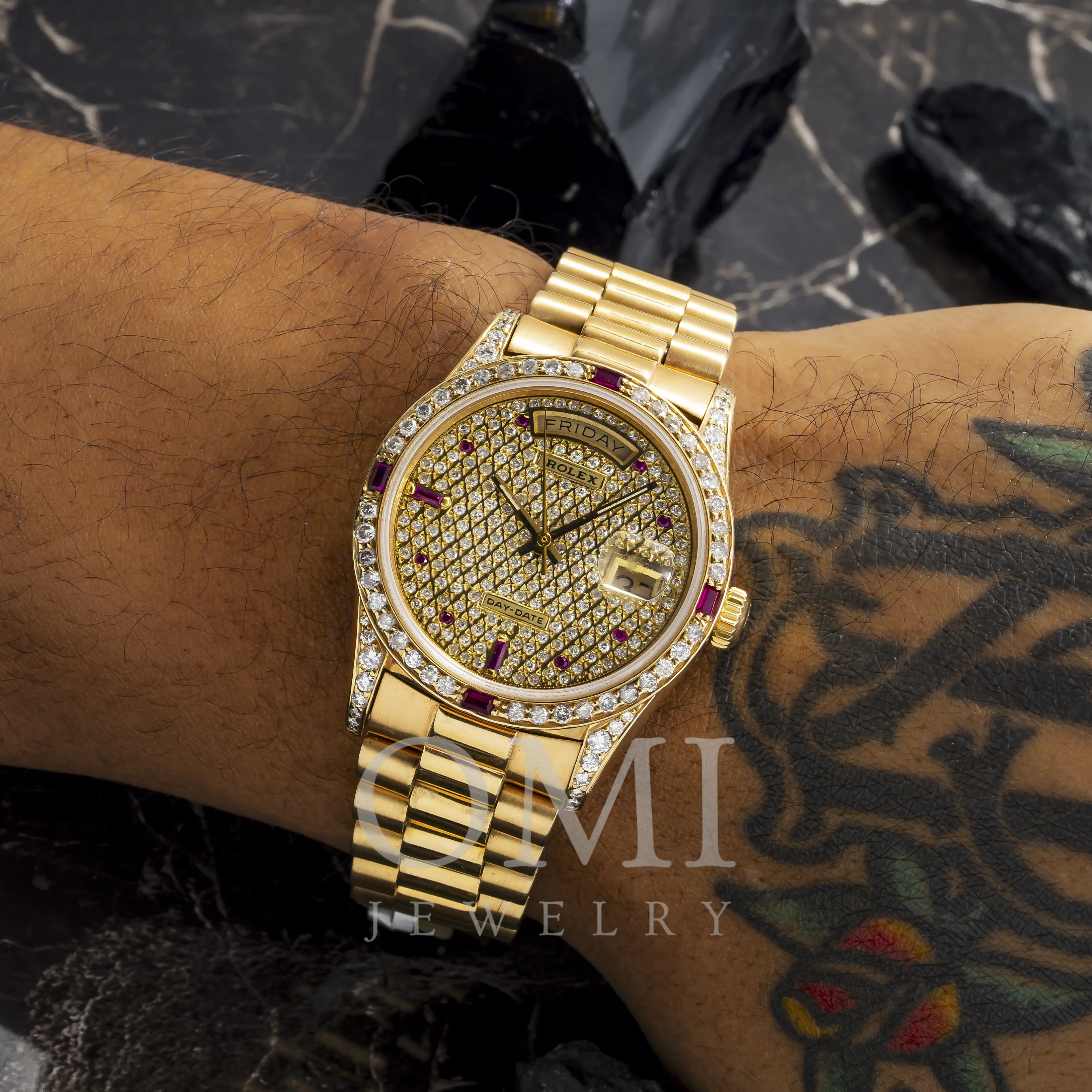 Rolex Day-Date 18038 36MM Diamond And Gemstone Dial And Bezel With Yellow Gold Presidential Bracelet