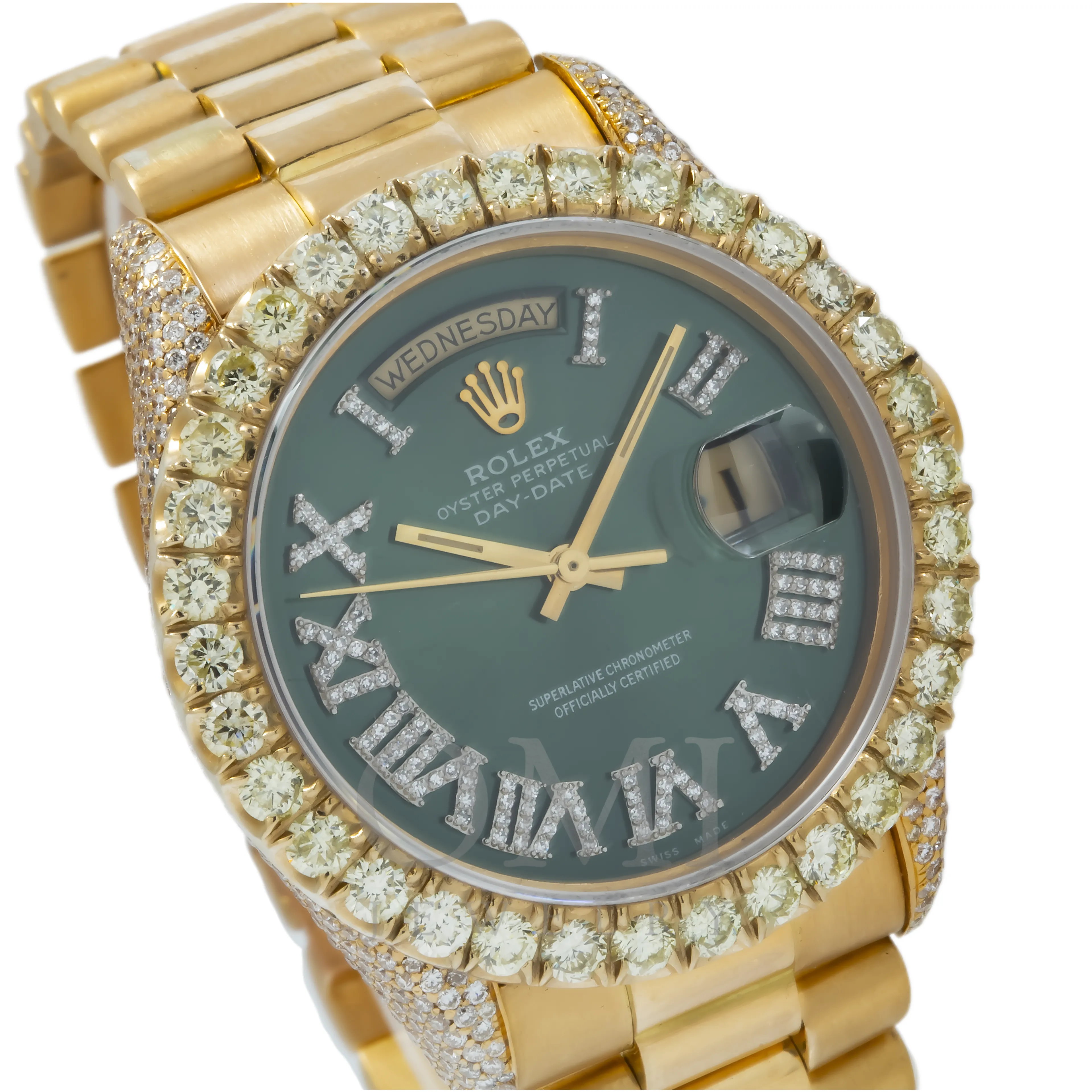 Rolex Day-Date 18038 36MM Green Diamond Dial And Bezel With Yellow Gold Presidential Bracelet 17.50 CT