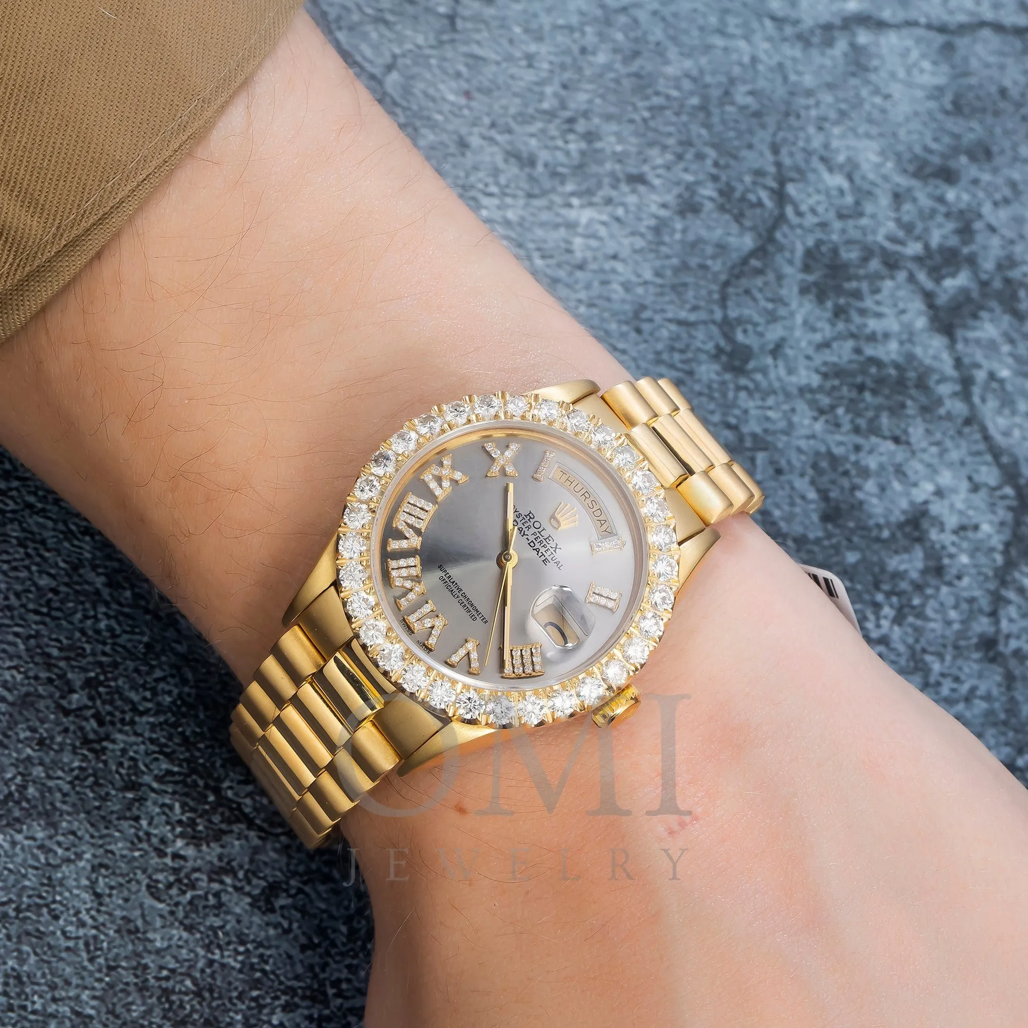 Rolex Day-Date 18038 36MM Silver Diamond Dial With Yellow Gold Diamond Bezel