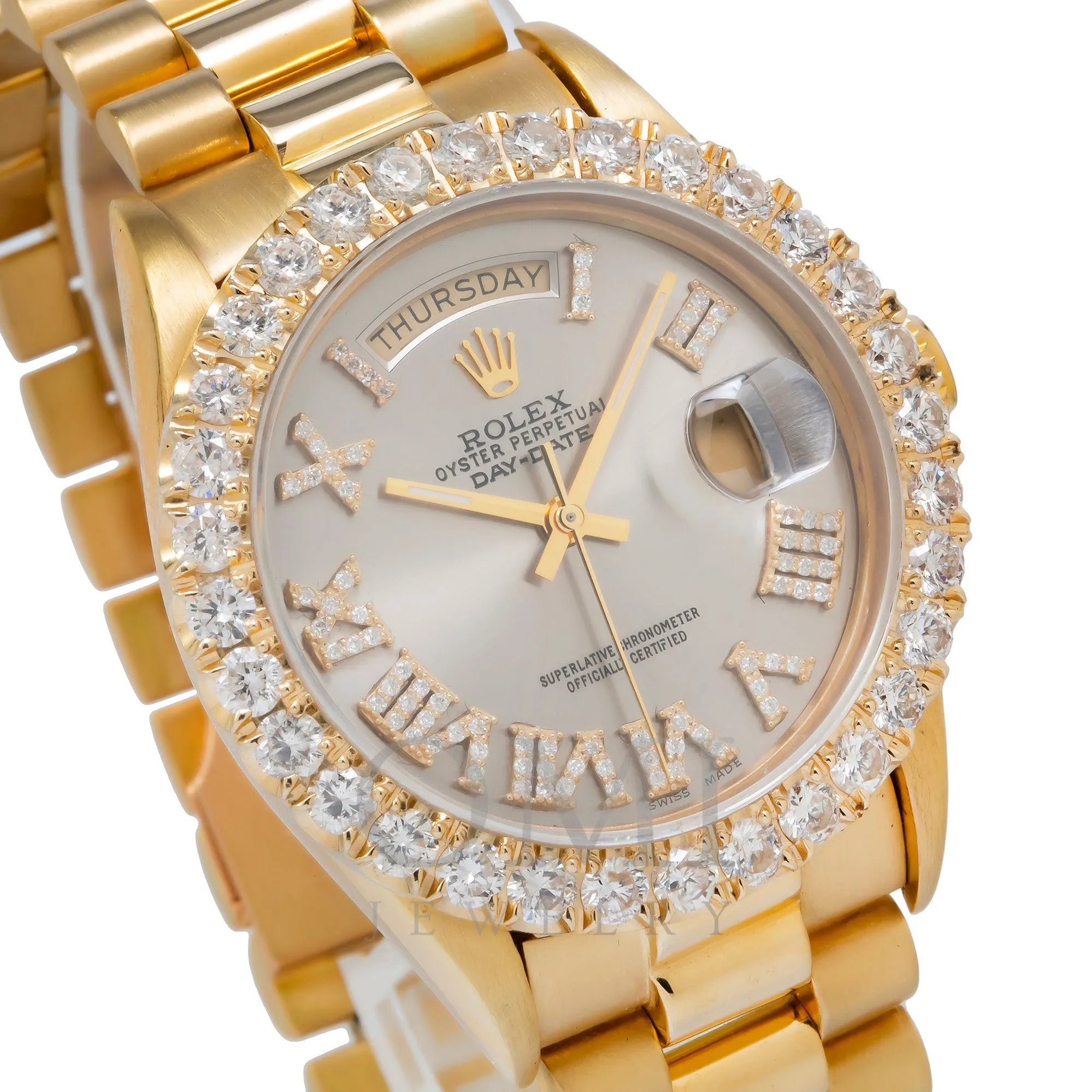 Rolex Day-Date 18038 36MM Silver Diamond Dial With Yellow Gold Diamond Bezel