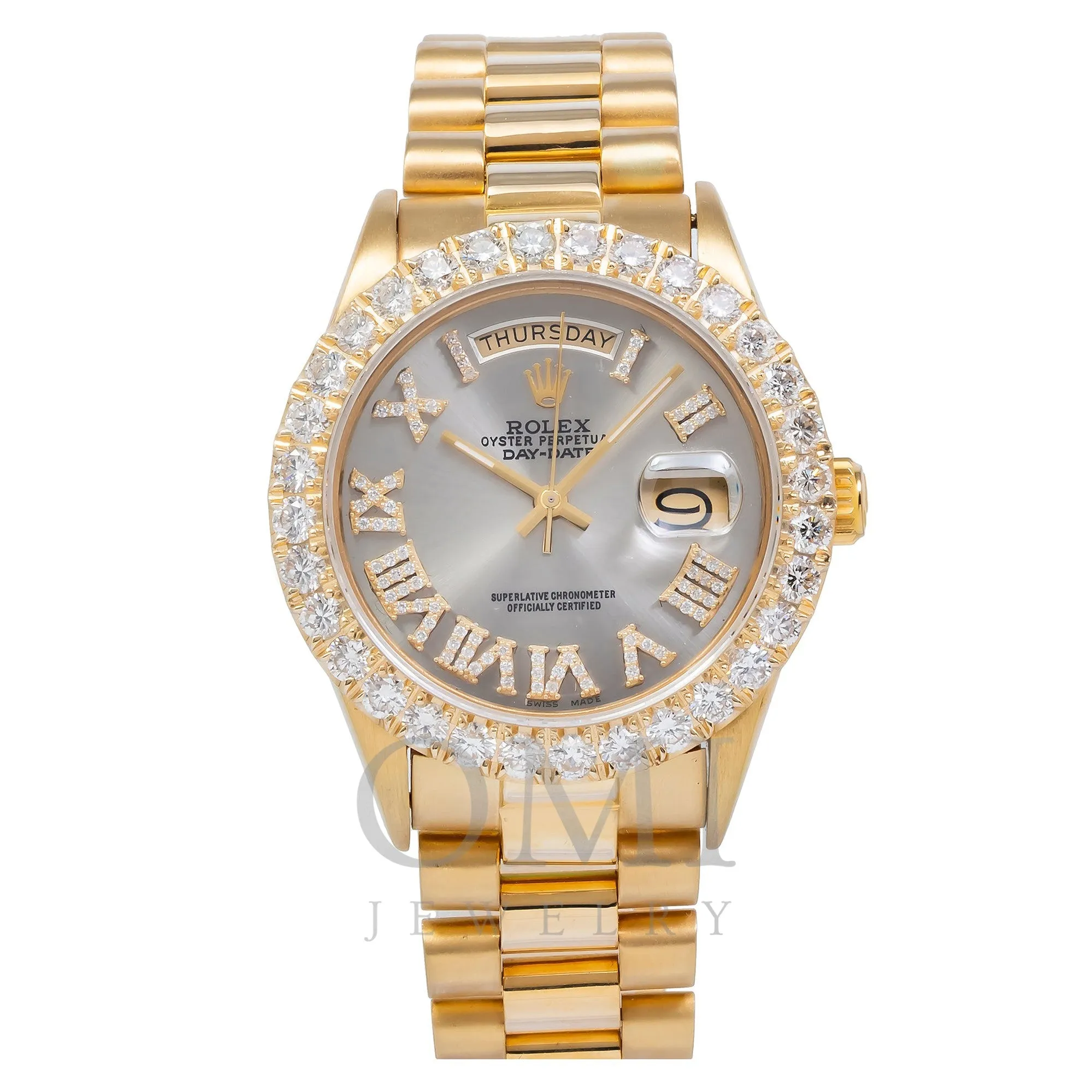 Rolex Day-Date 18038 36MM Silver Diamond Dial With Yellow Gold Diamond Bezel