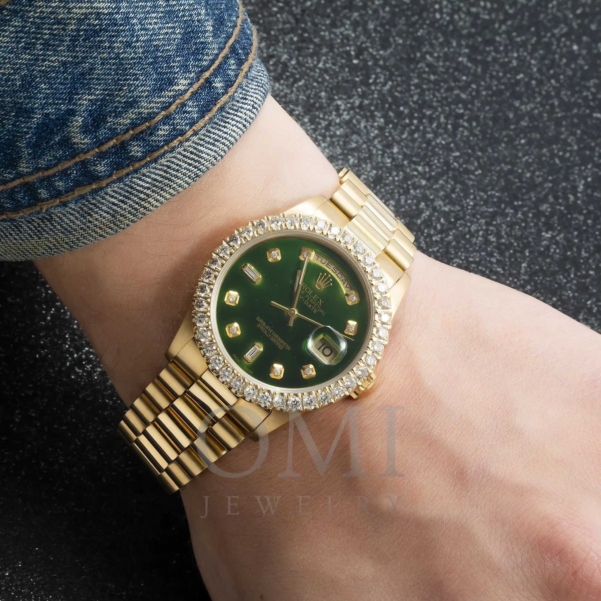 Rolex Day-Date 18238 36MM Green Diamond Dial With Yellow Gold Diamond Bezel