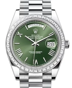 Rolex Day-Date 228396TBR - 40MM Platinum Watch With Oyster Bracelet and Baguette Diamonds Bezel