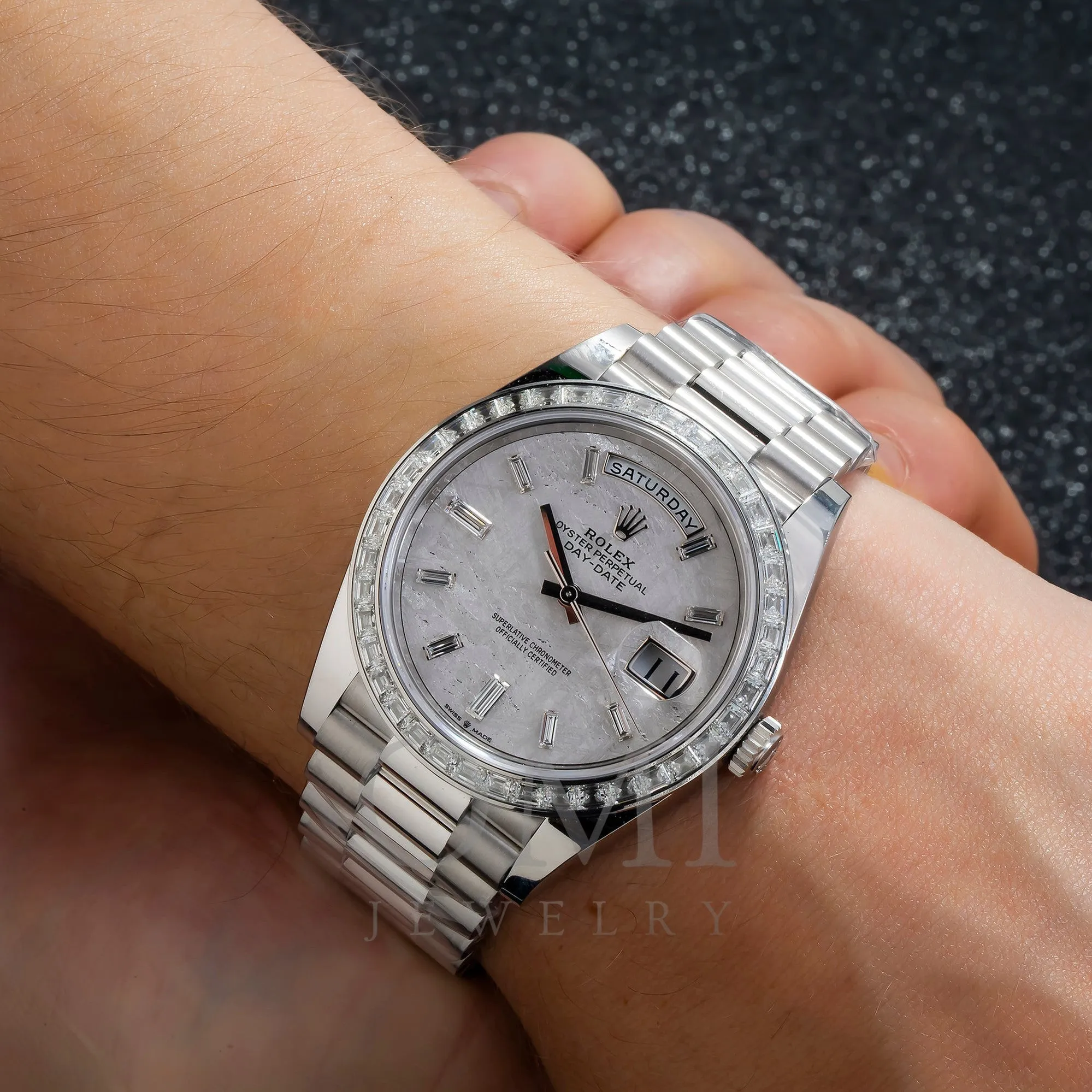 Rolex Day-Date 228396TBR 40MM Silver Mother Of Pearl Factory Baguette Diamond Dial And Bezel With Platinum Presidential Bracelet