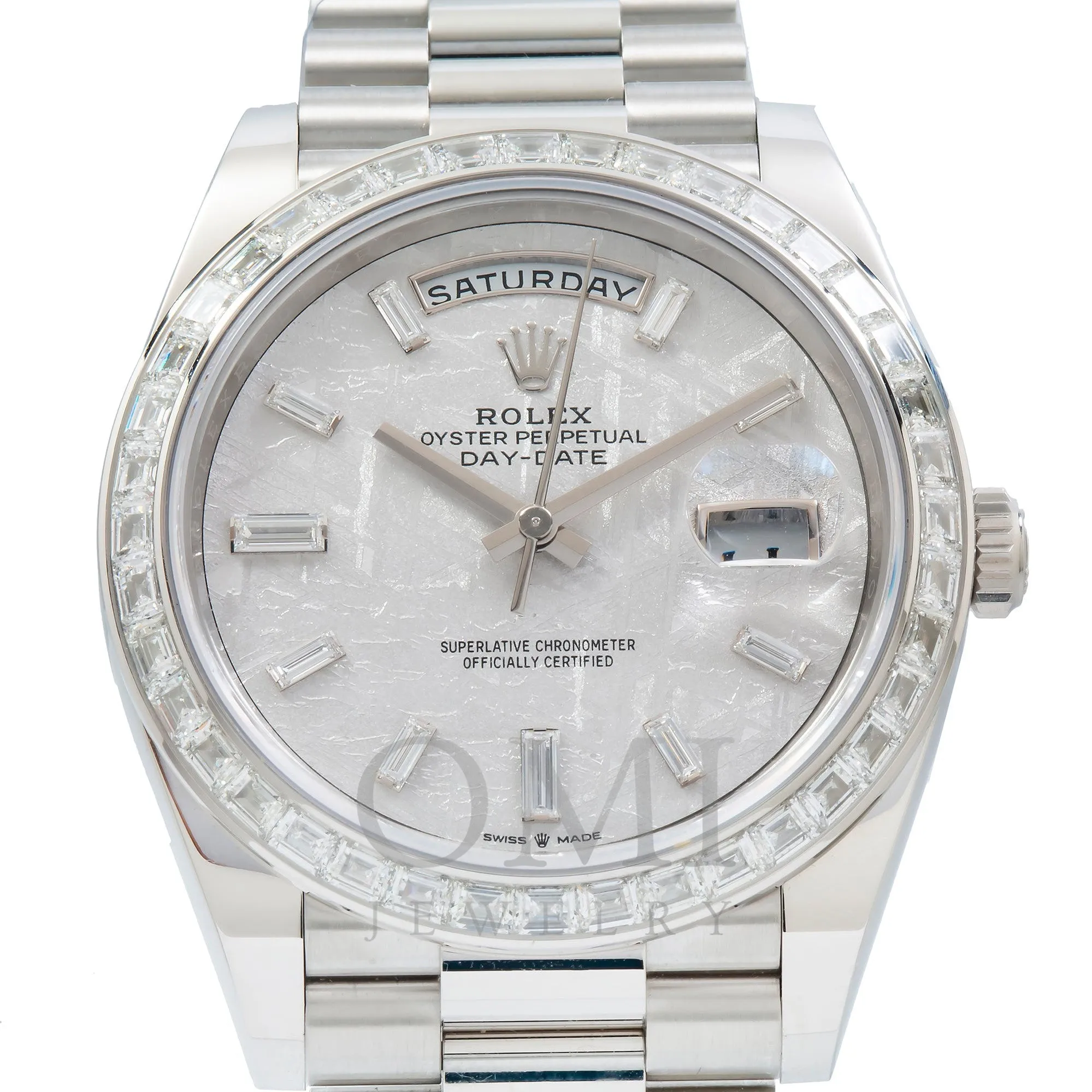 Rolex Day-Date 228396TBR 40MM Silver Mother Of Pearl Factory Baguette Diamond Dial And Bezel With Platinum Presidential Bracelet