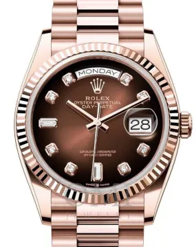 ROLEX DAY-DATE 36 PRESIDENT ROSE GOLD BROWN OMBRE DIAMOND DIAL FLUTED BEZEL 128235 WITH ROSE GOLD PRESIDENT OYSTER BRACELET