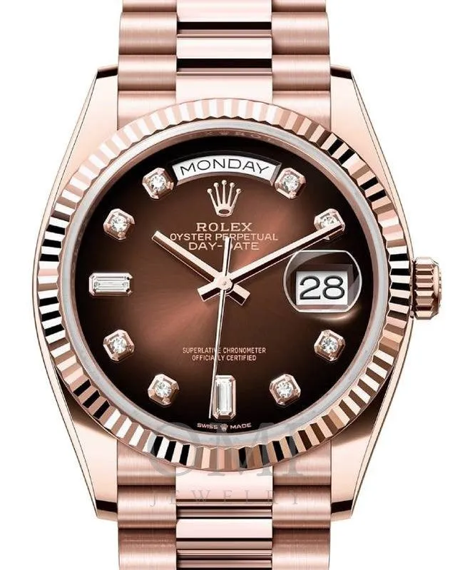 ROLEX DAY-DATE 36 PRESIDENT ROSE GOLD BROWN OMBRE DIAMOND DIAL FLUTED BEZEL 128235 WITH ROSE GOLD PRESIDENT OYSTER BRACELET