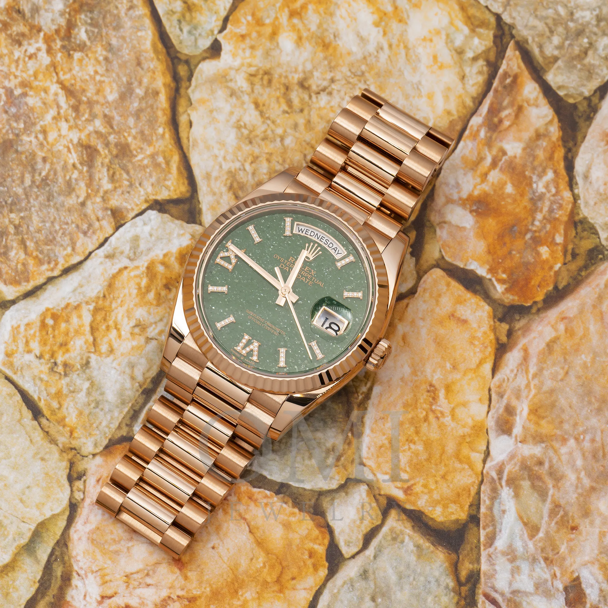 ROLEX DAY-DATE 36 PRESIDENT ROSE GOLD GREEN AVENTURINE DIAMOND DIAL FLUTED BEZEL 128235 WITH ROSE GOLD PRESIDENT OYSTER BRACELET