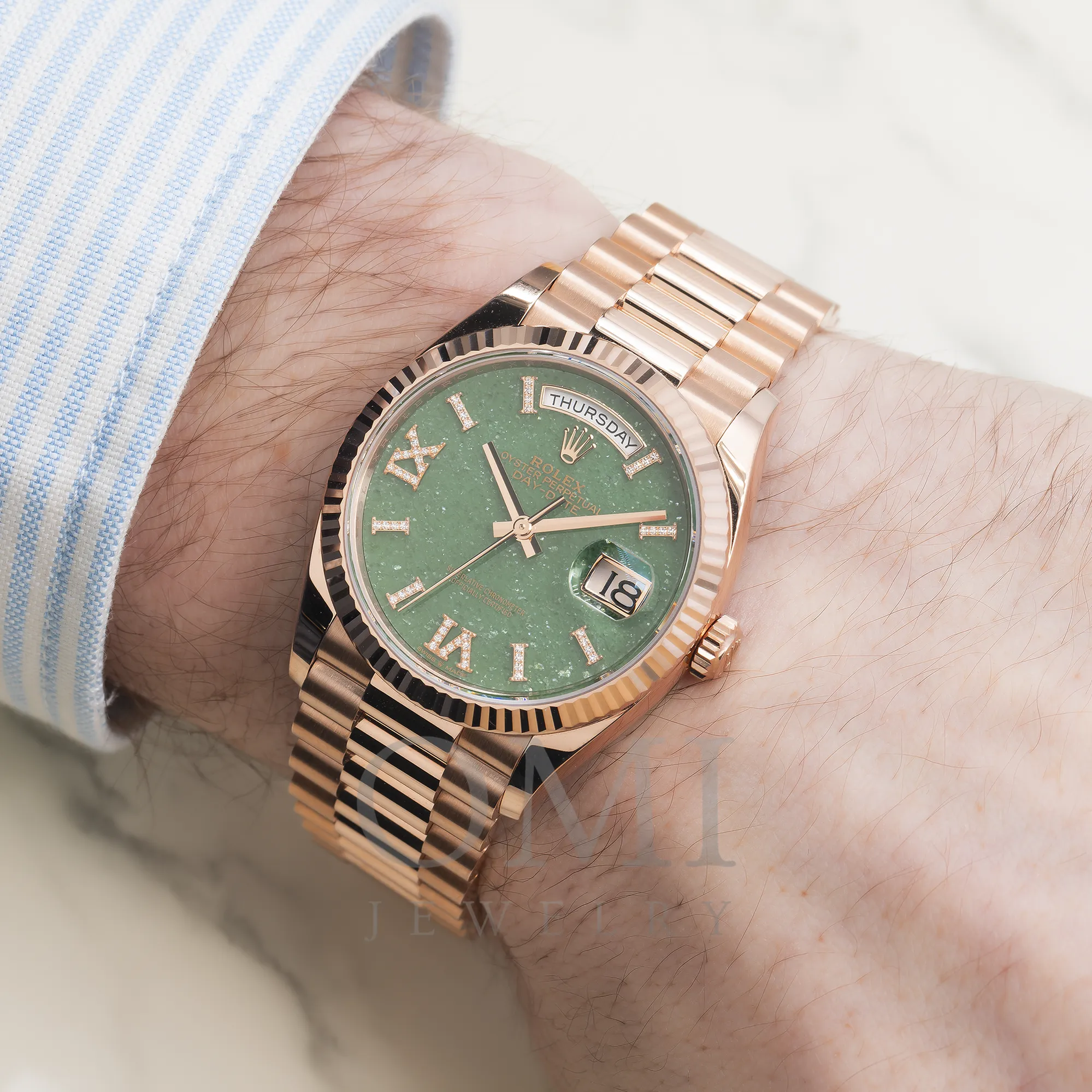 ROLEX DAY-DATE 36 PRESIDENT ROSE GOLD GREEN AVENTURINE DIAMOND DIAL FLUTED BEZEL 128235 WITH ROSE GOLD PRESIDENT OYSTER BRACELET