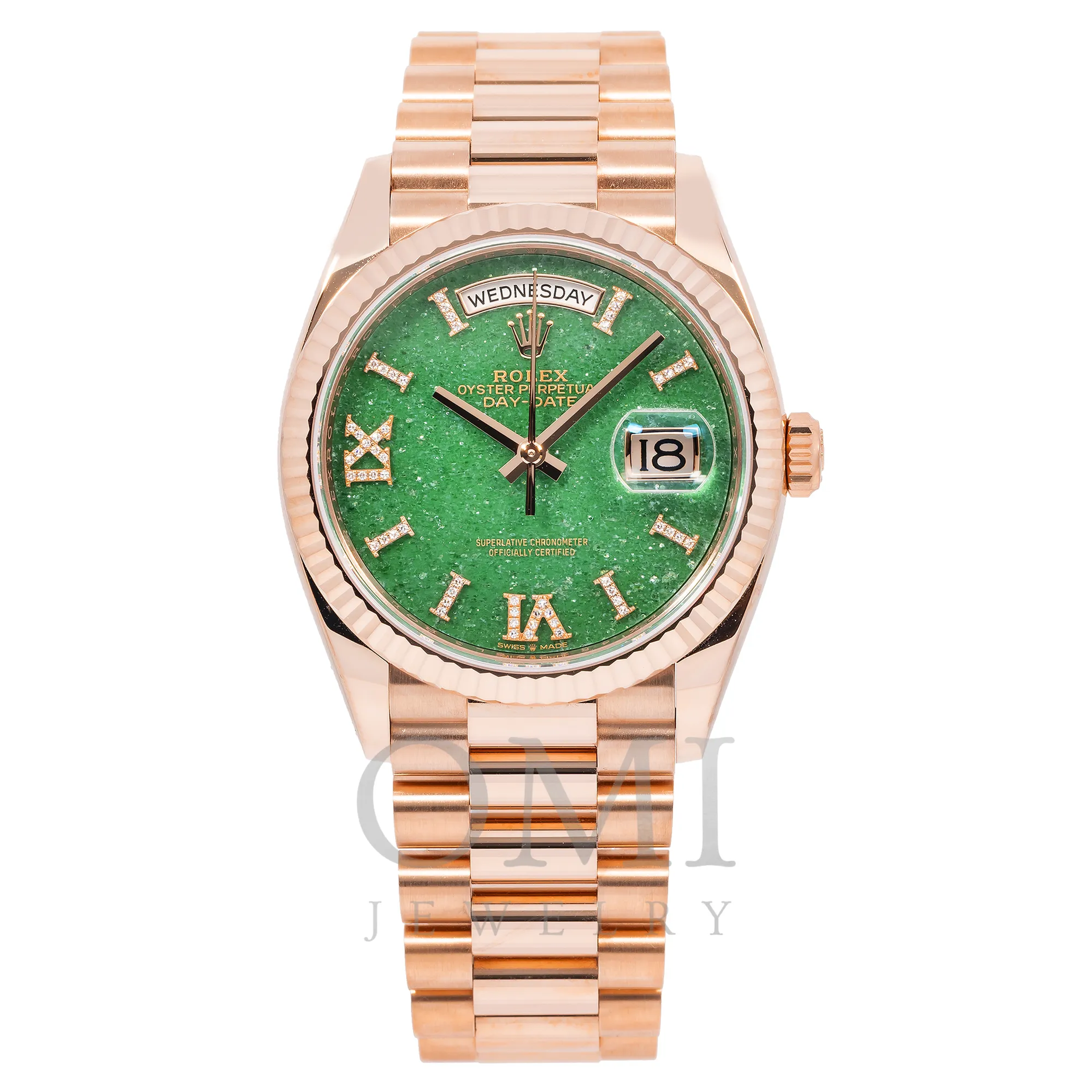 ROLEX DAY-DATE 36 PRESIDENT ROSE GOLD GREEN AVENTURINE DIAMOND DIAL FLUTED BEZEL 128235 WITH ROSE GOLD PRESIDENT OYSTER BRACELET