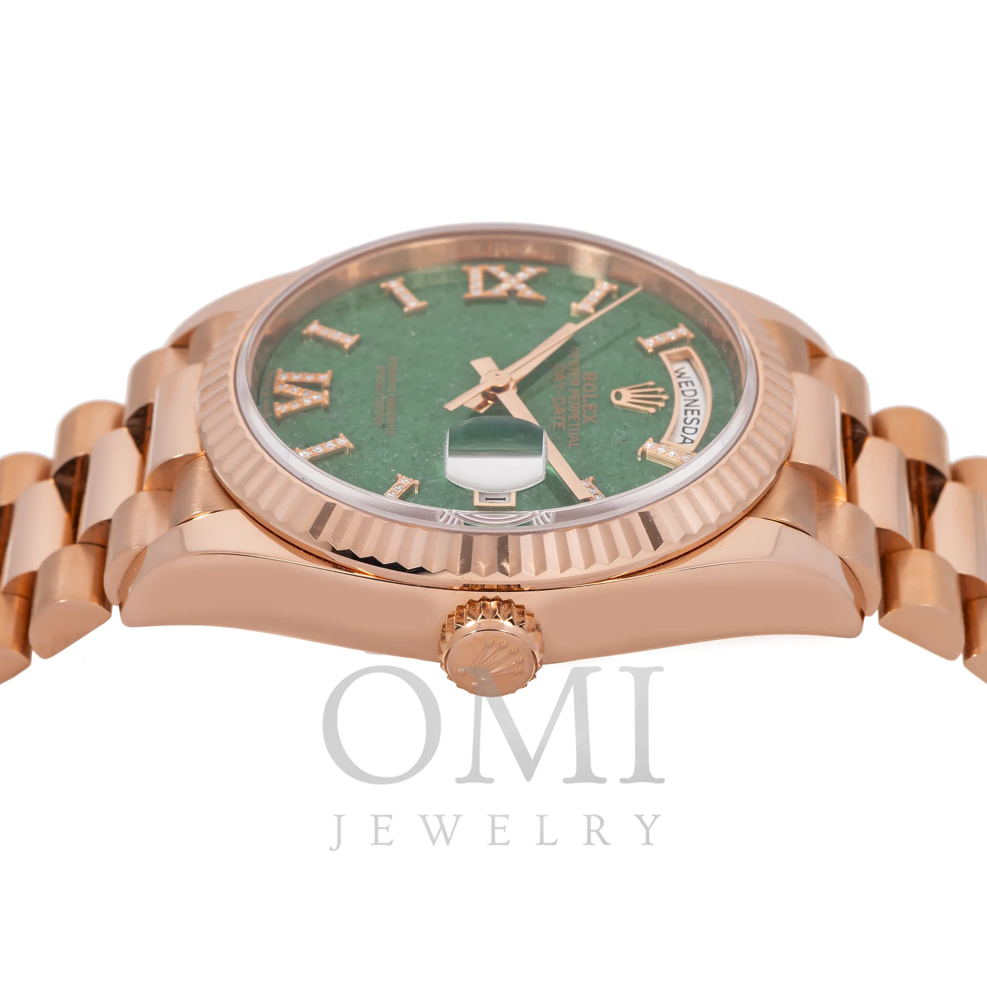 ROLEX DAY-DATE 36 PRESIDENT ROSE GOLD GREEN AVENTURINE DIAMOND DIAL FLUTED BEZEL 128235 WITH ROSE GOLD PRESIDENT OYSTER BRACELET