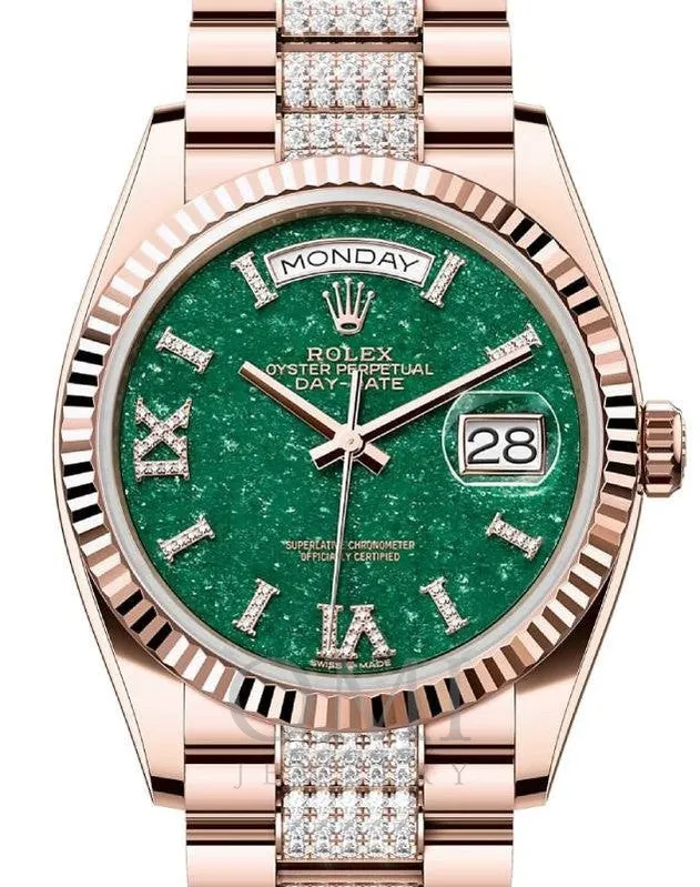 ROLEX DAY-DATE 36 PRESIDENT ROSE GOLD GREEN AVENTURINE DIAMOND DIAL FLUTED BEZEL 128235 WITH ROSE GOLD PRESIDENT SEMI DIAMONDS OYSTER BRACELET