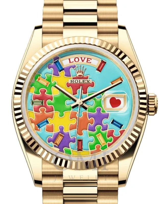 ROLEX DAY-DATE 36 PRESIDENT YELLOW GOLD JIGSAW EMOJI PUZZLE DIAL 128239 WITH YELLOW GOLD PRESIDENT OYSTER BRACELET