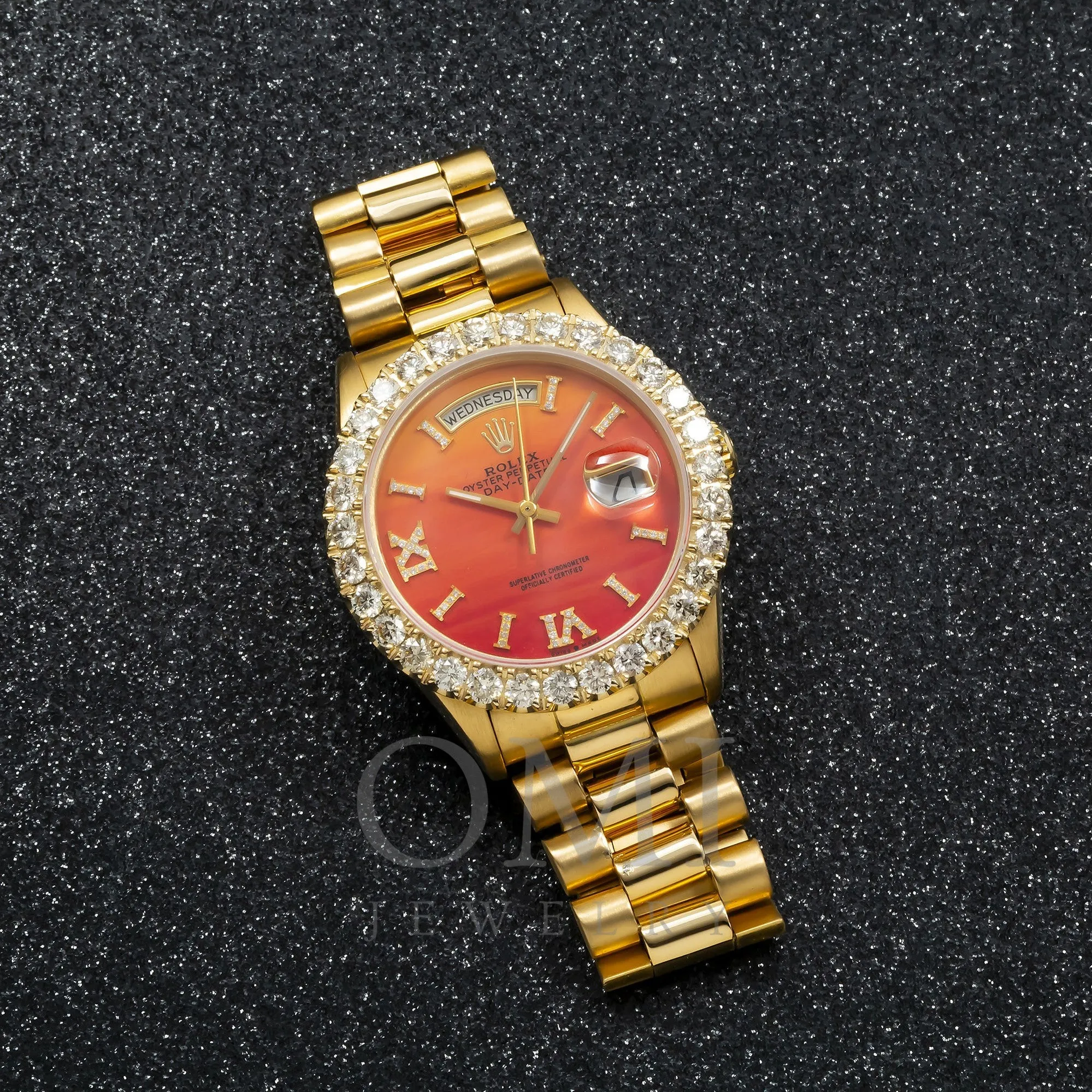 Rolex Day-Date 36MM Red Orange Diamond Dial With Yellow Gold Diamond Bezel