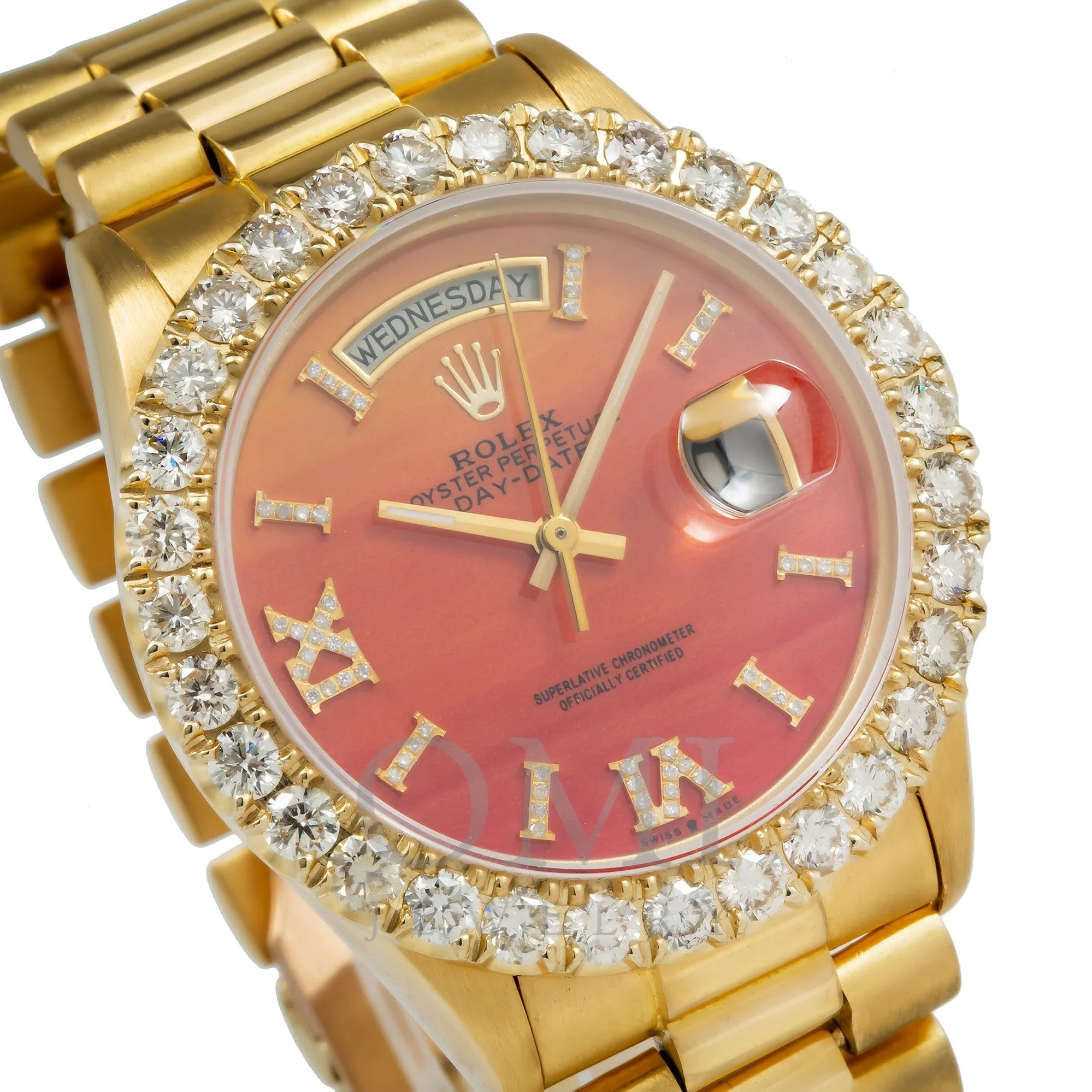 Rolex Day-Date 36MM Red Orange Diamond Dial With Yellow Gold Diamond Bezel