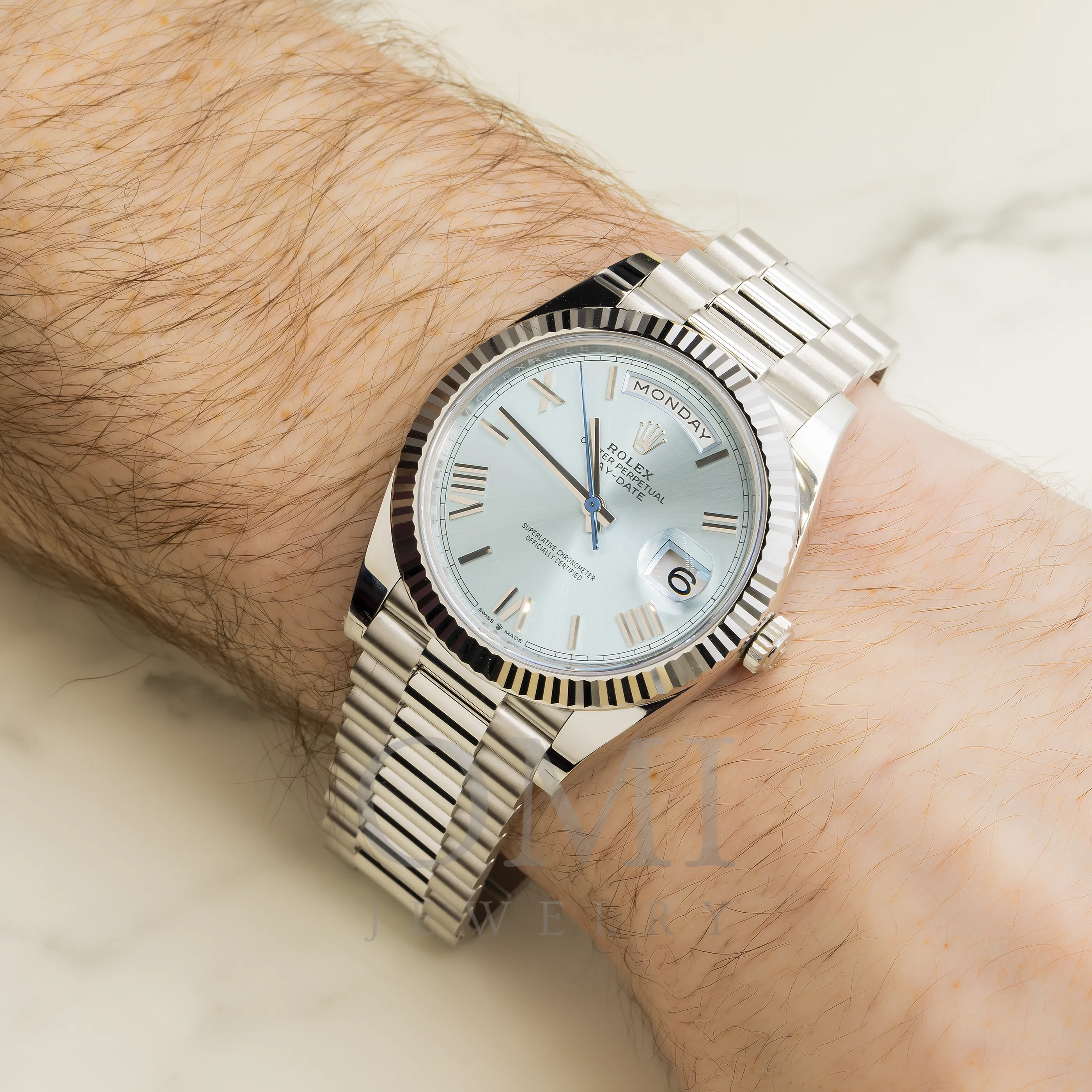 ROLEX DAY-DATE 40 PRESIDENT PLATINUM ICE BLUE INDEX DIAL 228236 WITH PLATINUM PRESIDENT OYSTER BRACELET