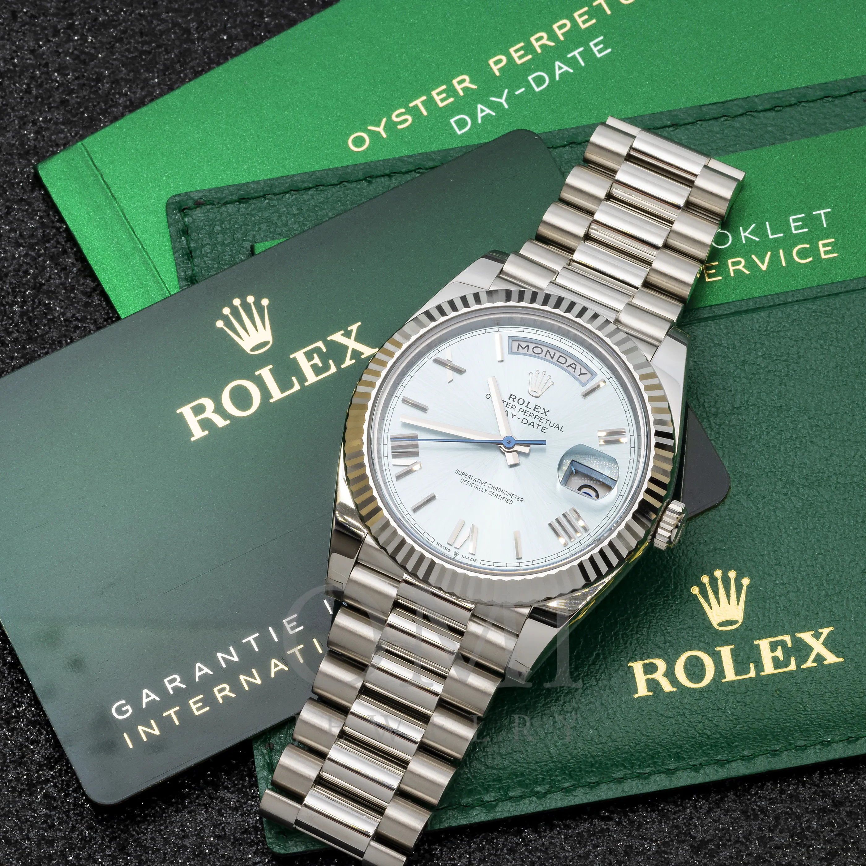 ROLEX DAY-DATE 40 PRESIDENT PLATINUM ICE BLUE INDEX DIAL 228236 WITH PLATINUM PRESIDENT OYSTER BRACELET