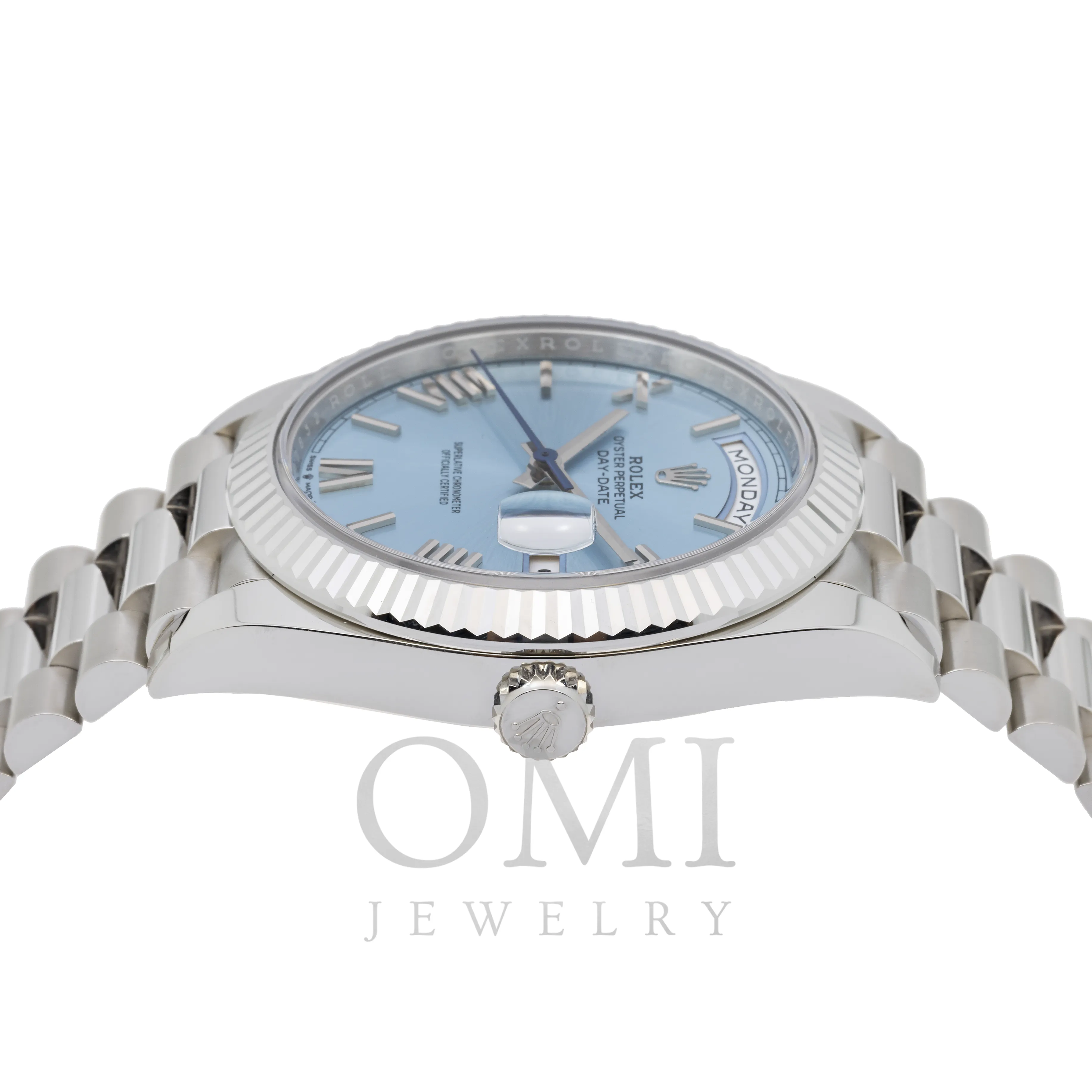 ROLEX DAY-DATE 40 PRESIDENT PLATINUM ICE BLUE INDEX DIAL 228236 WITH PLATINUM PRESIDENT OYSTER BRACELET