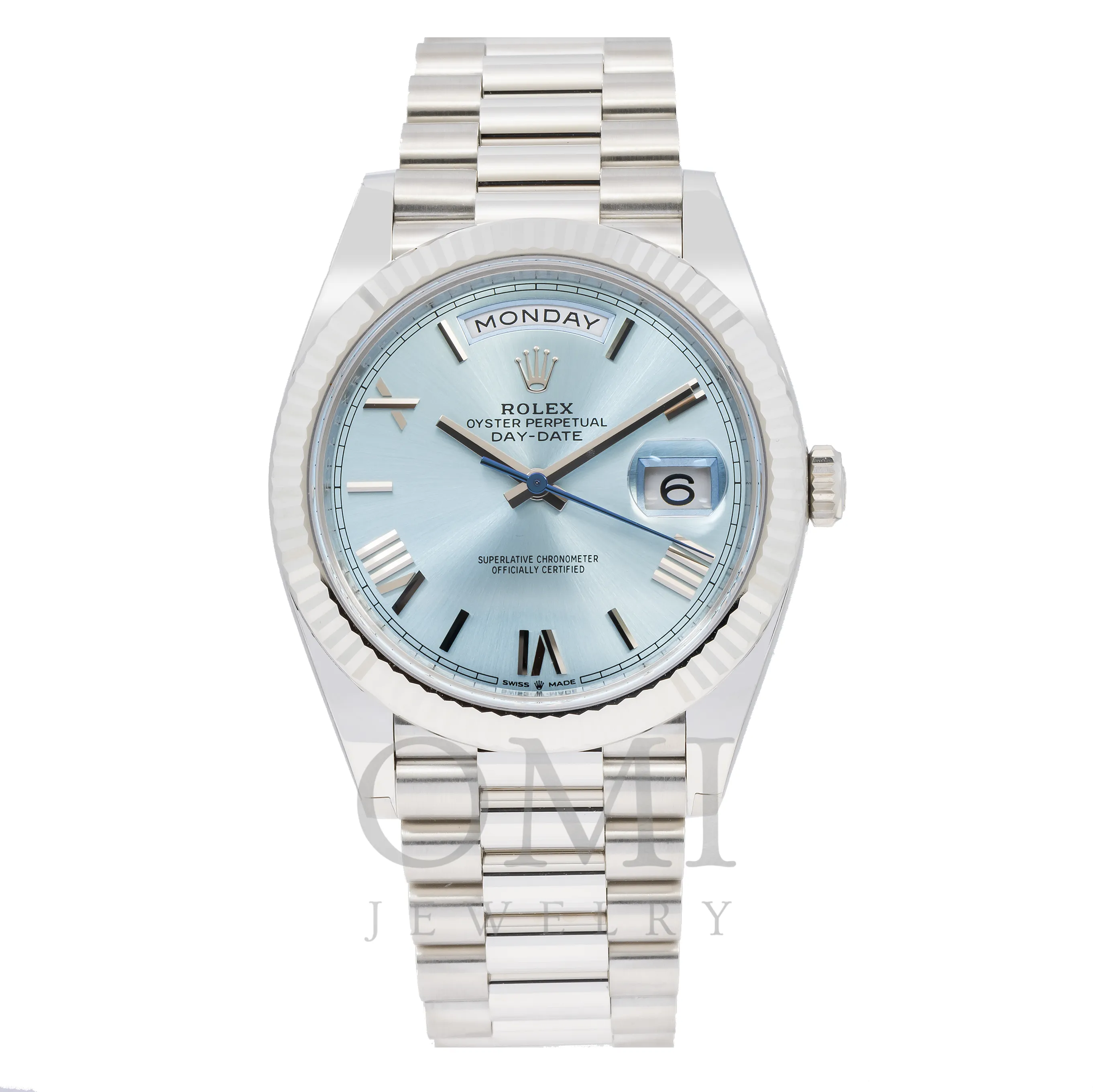 ROLEX DAY-DATE 40 PRESIDENT PLATINUM ICE BLUE INDEX DIAL 228236 WITH PLATINUM PRESIDENT OYSTER BRACELET