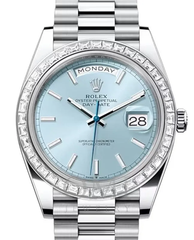 ROLEX DAY-DATE 40 PRESIDENT PLATINUM ICE-BLUE INDEX DIAL 228396TBR WITH PLATINUM PRESIDENT OYSTER BRACELET