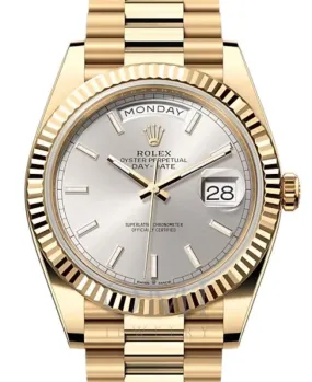 ROLEX DAY-DATE 40 PRESIDENT YELLOW GOLD SILVER INDEX DIAL 228238 WITH YELLOW GOLD PRESIDENT OYSTER BRACELET