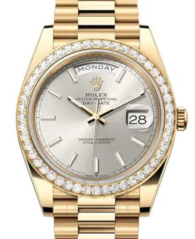 ROLEX DAY-DATE 40 YELLOW GOLD SILVER INDEX DIAL & DIAMOND BEZEL 228348RBR WITH YELLOW GOLD PRESIDENT OYSTER BRACELET