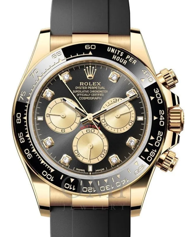 ROLEX DAYTONA YELLOW GOLD BRIGHT BLACK DIAMOND DIAL OYSTERFLEX 126518LN WITH BLACK RUBBER BAND