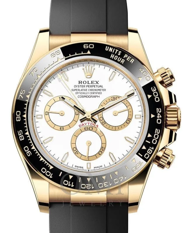 ROLEX DAYTONA YELLOW GOLD WHITE DIAL OYSTERFLEX 126518LN WITH RUBBER BAND