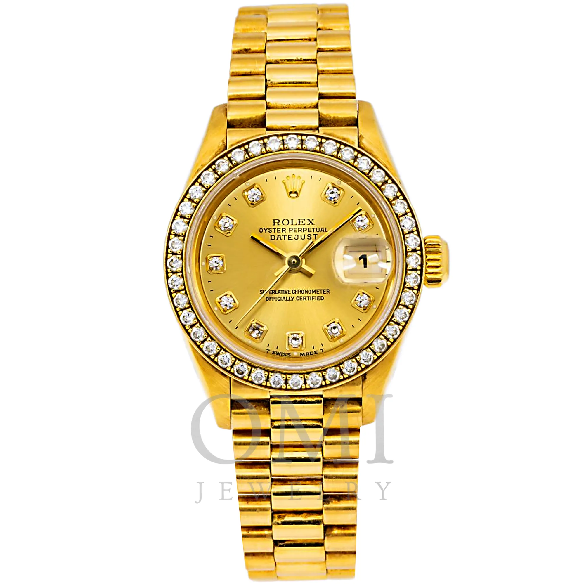 ROLEX LADY-DATEJUST DIAMOND WATCH, 69178 26MM, SILVER DIAMOND DIAL WITH PRESIDENT YELLOW GOLD SEMI DIAMOND JUBILEE BRACELET.