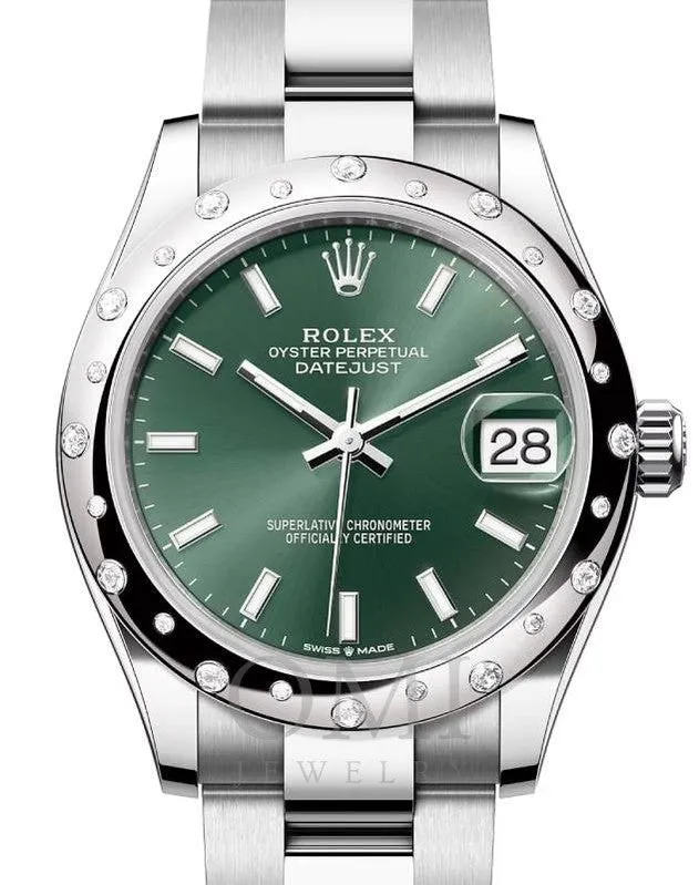 Rolex Oyster Datejust 278344rbr 31mm Stainless Steel Watch With Oyster Bracelet And Domed Diamond Bezel