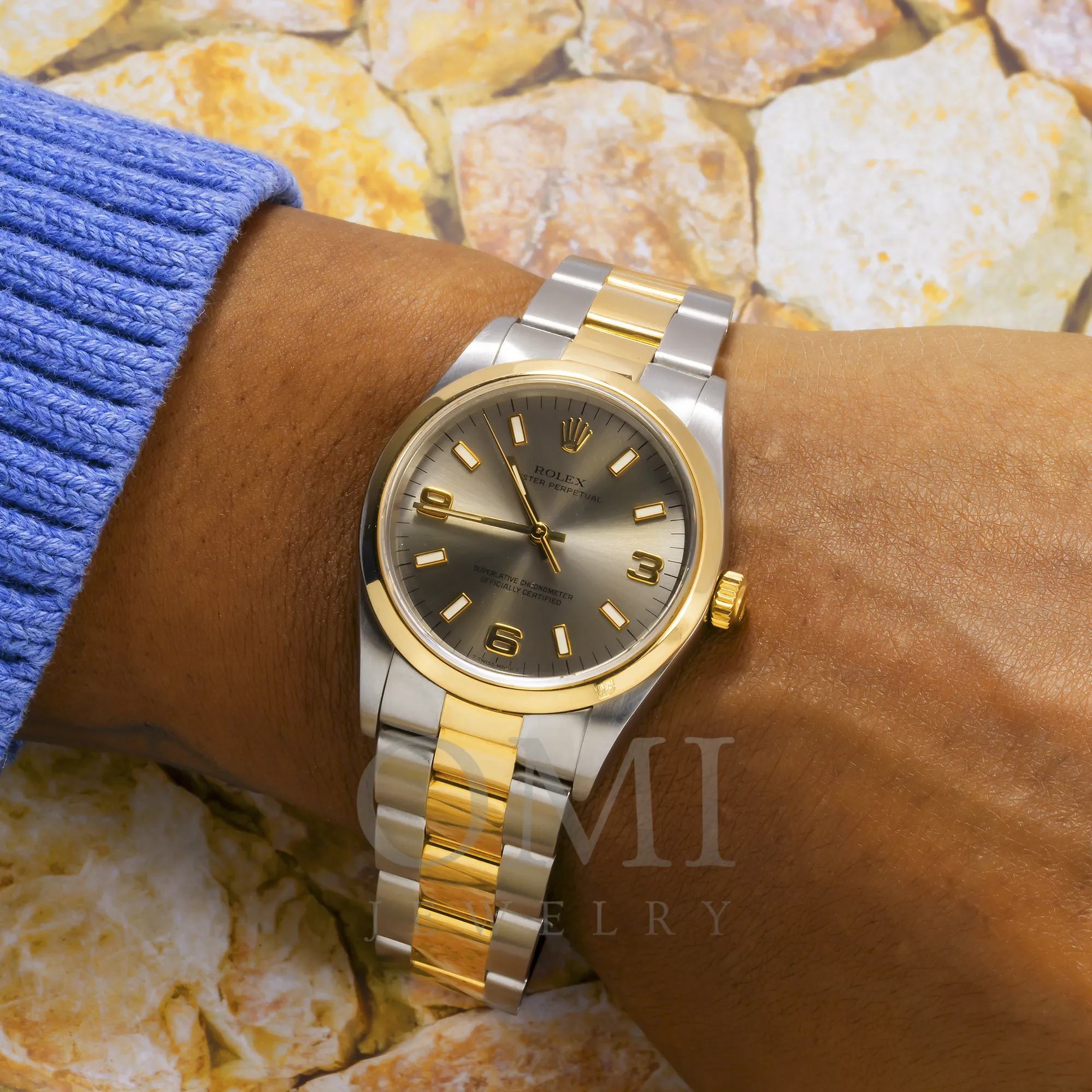 ROLEX OYSTER PERPETUAL DATE 14203 34MM CHAMPAGNE SEMI NUMERALS DIAL AND TWO-TONE OYSTER BRACELET