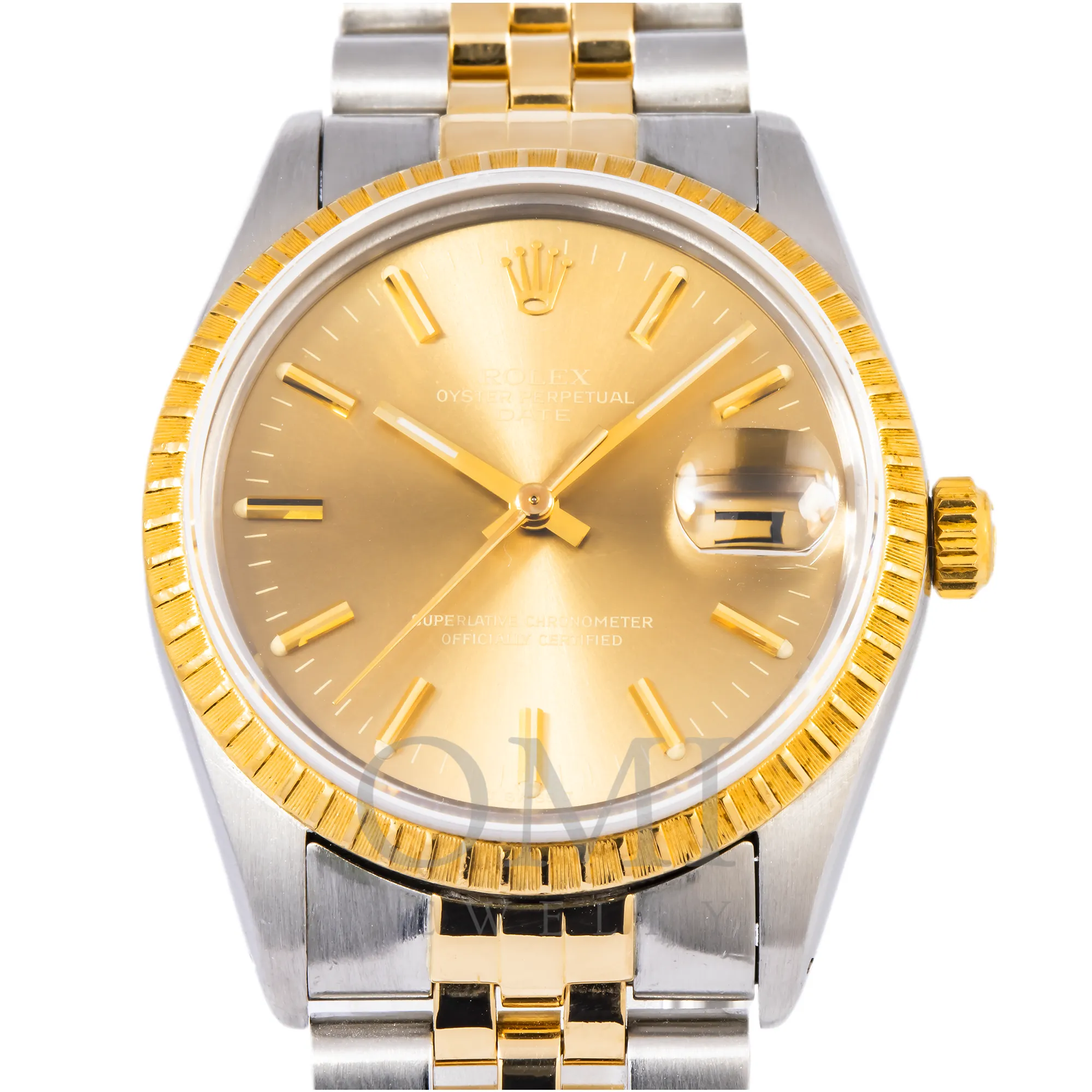 ROLEX OYSTER PERPETUAL DATE 1500 34MM CHAMPAGNE DIAL AND TWO-TONE JUBILEE BRACELET