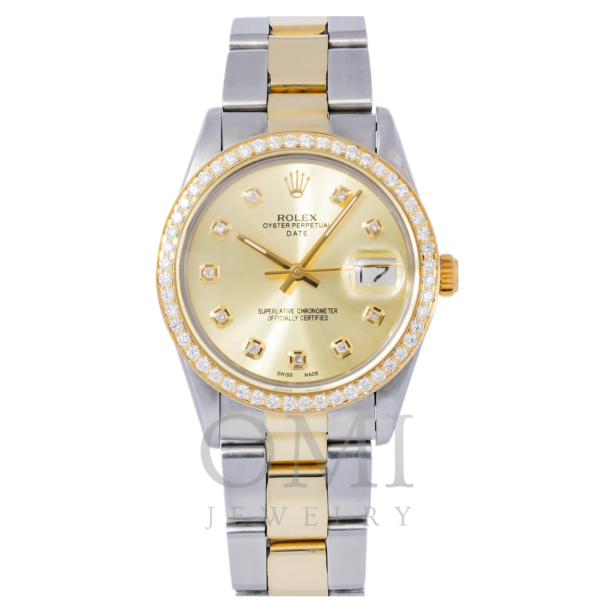 ROLEX OYSTER PERPETUAL DATE 15000 34MM CHAMPAGNE DIAL WITH TWO TONE OYSTER BRACELET