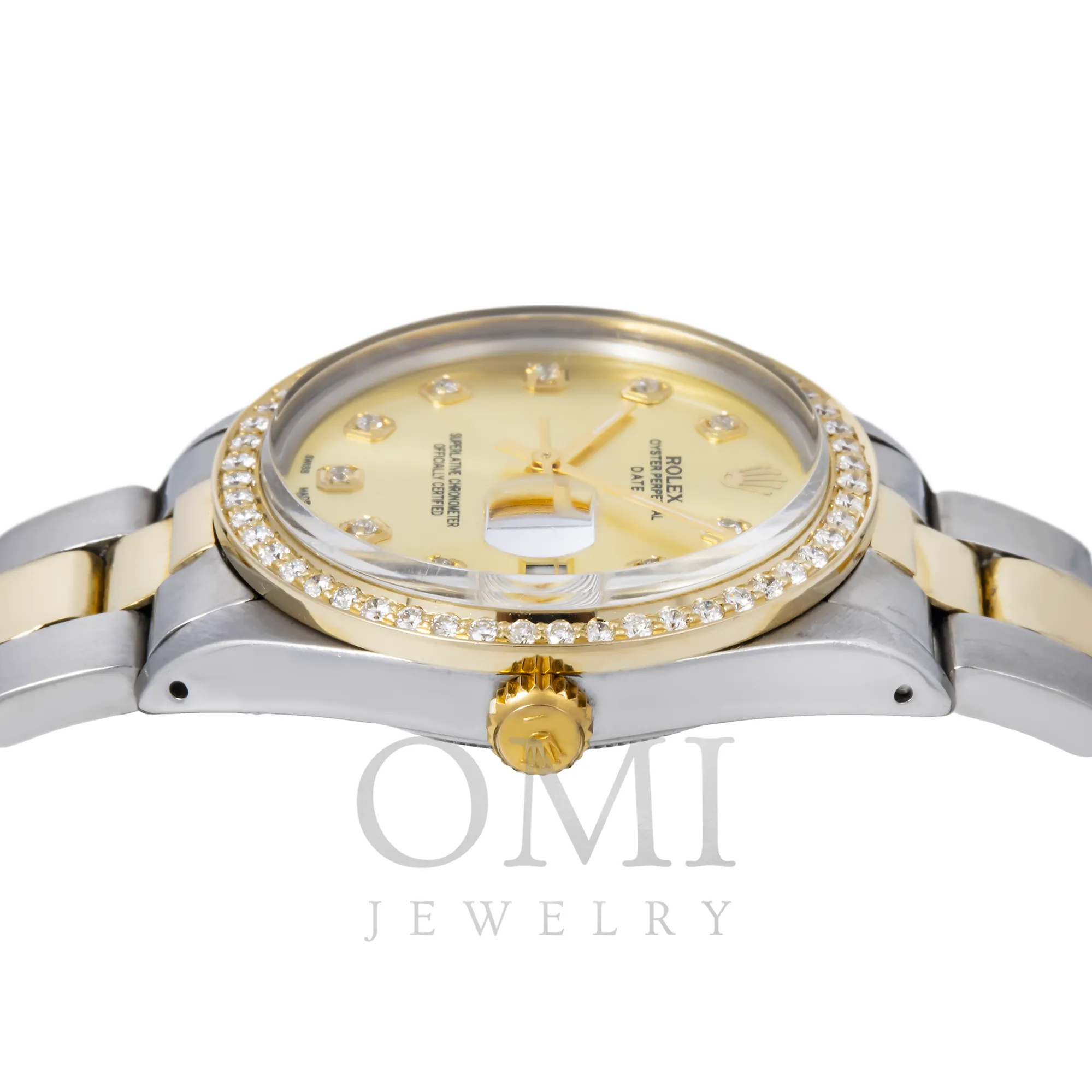 ROLEX OYSTER PERPETUAL DATE 15000 34MM CHAMPAGNE DIAL WITH TWO TONE OYSTER BRACELET