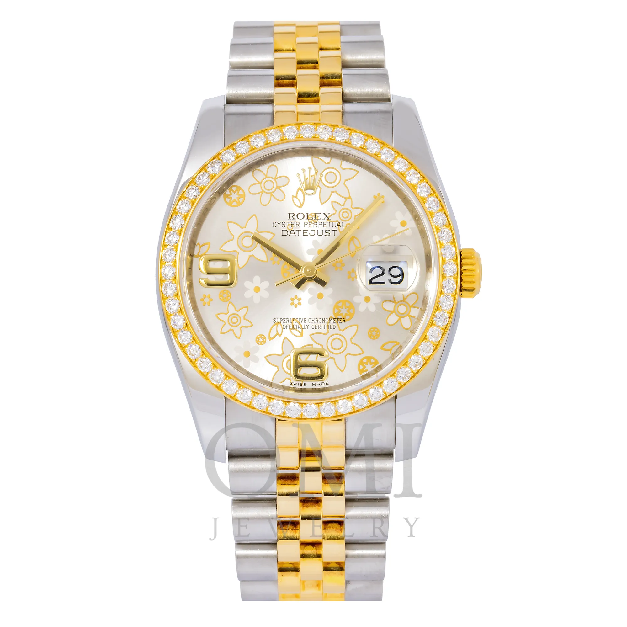 Rolex Oyster Perpetual Datejust 116243 36MM Factory Silver Flower Motif Dial With Two Tone Jubilee Bracelet And Factory Diamond Dial.