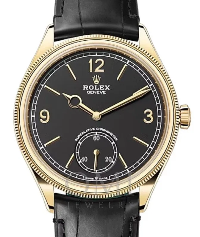 ROLEX PERPETUAL 1908 -52508 YELLOW GOLD BLACK DIAL DOMED/FLUTED BEZEL ALLIGATOR LEATHER STRAP