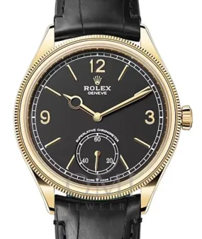 ROLEX PERPETUAL 1908 -52508 YELLOW GOLD BLACK DIAL DOMED/FLUTED BEZEL ALLIGATOR LEATHER STRAP