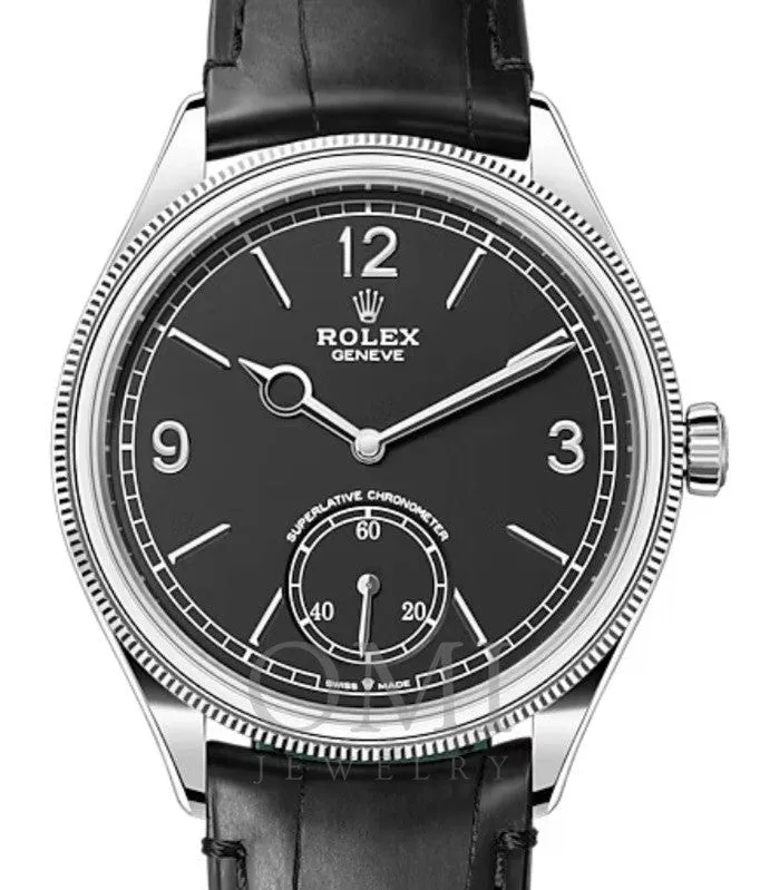 ROLEX PERPETUAL 1908 -52509 WHITE GOLD BLACK DIAL DOMED/FLUTED BEZEL ALLIGATOR LEATHER STRAP